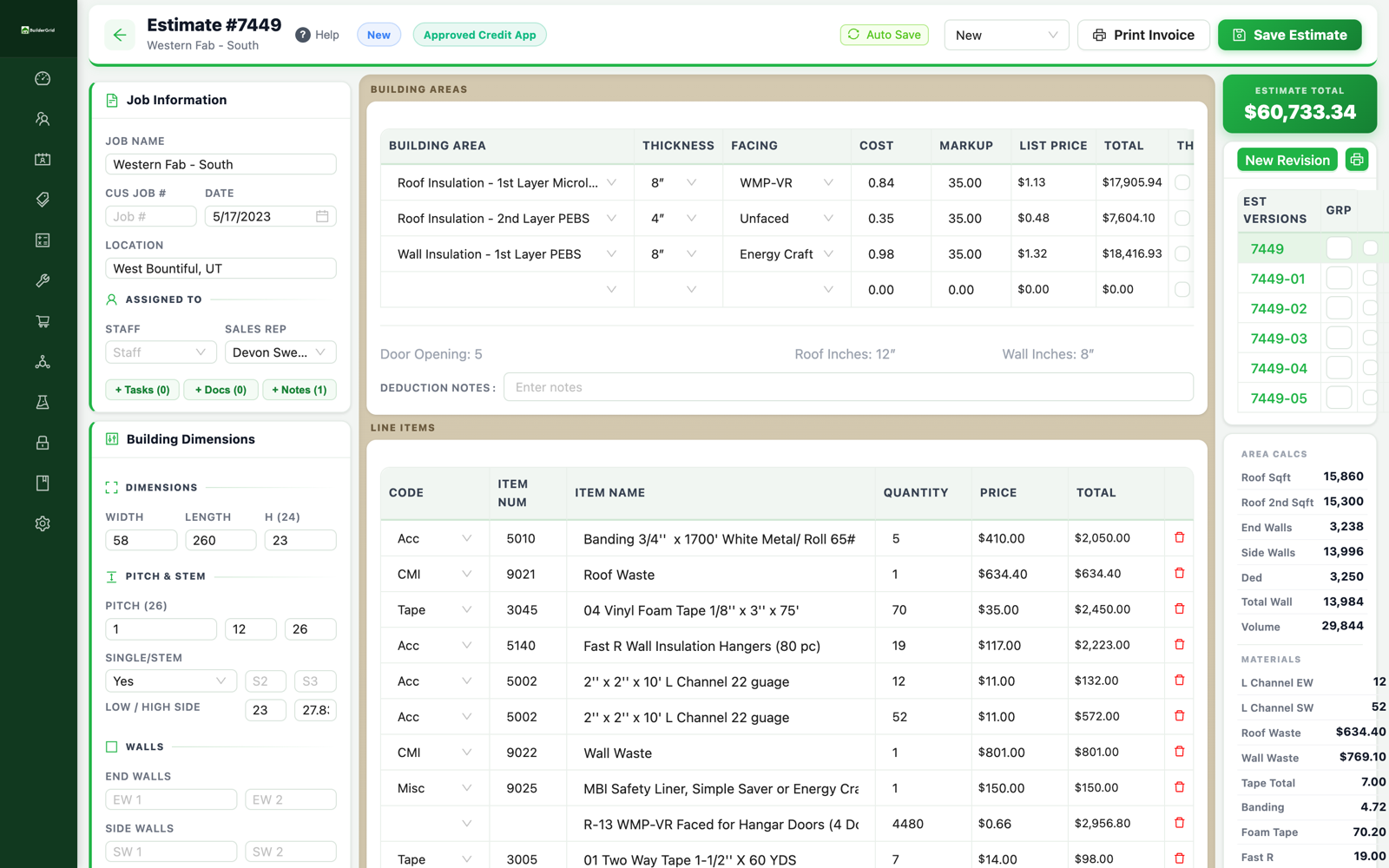 Builder Grid estimate builder with building areas, thickness, facing, line items, and live totals
