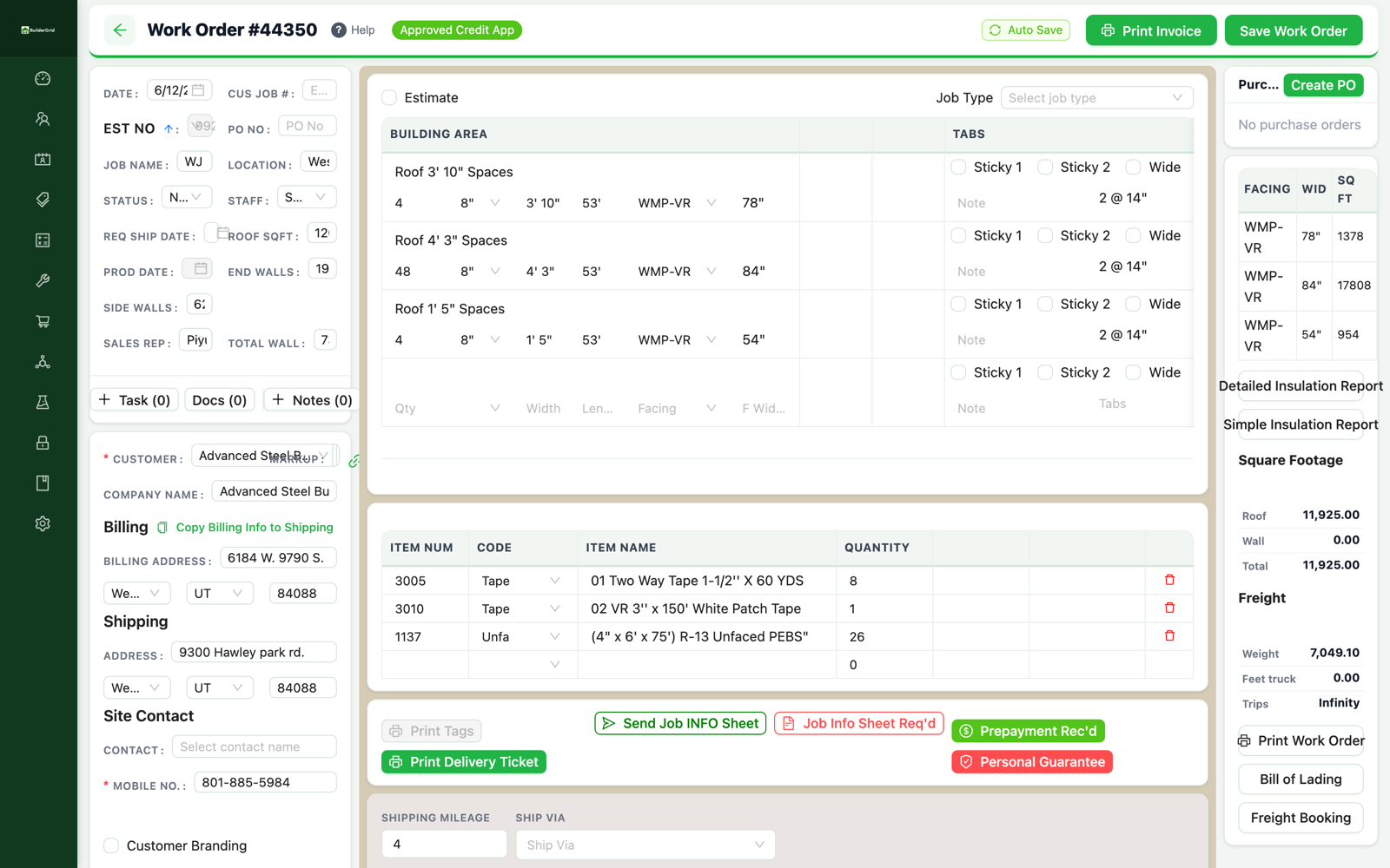 Builder Grid work order with building areas, line items, square footage, freight, and one-click printing for tags, delivery ticket, bill of lading, and freight booking