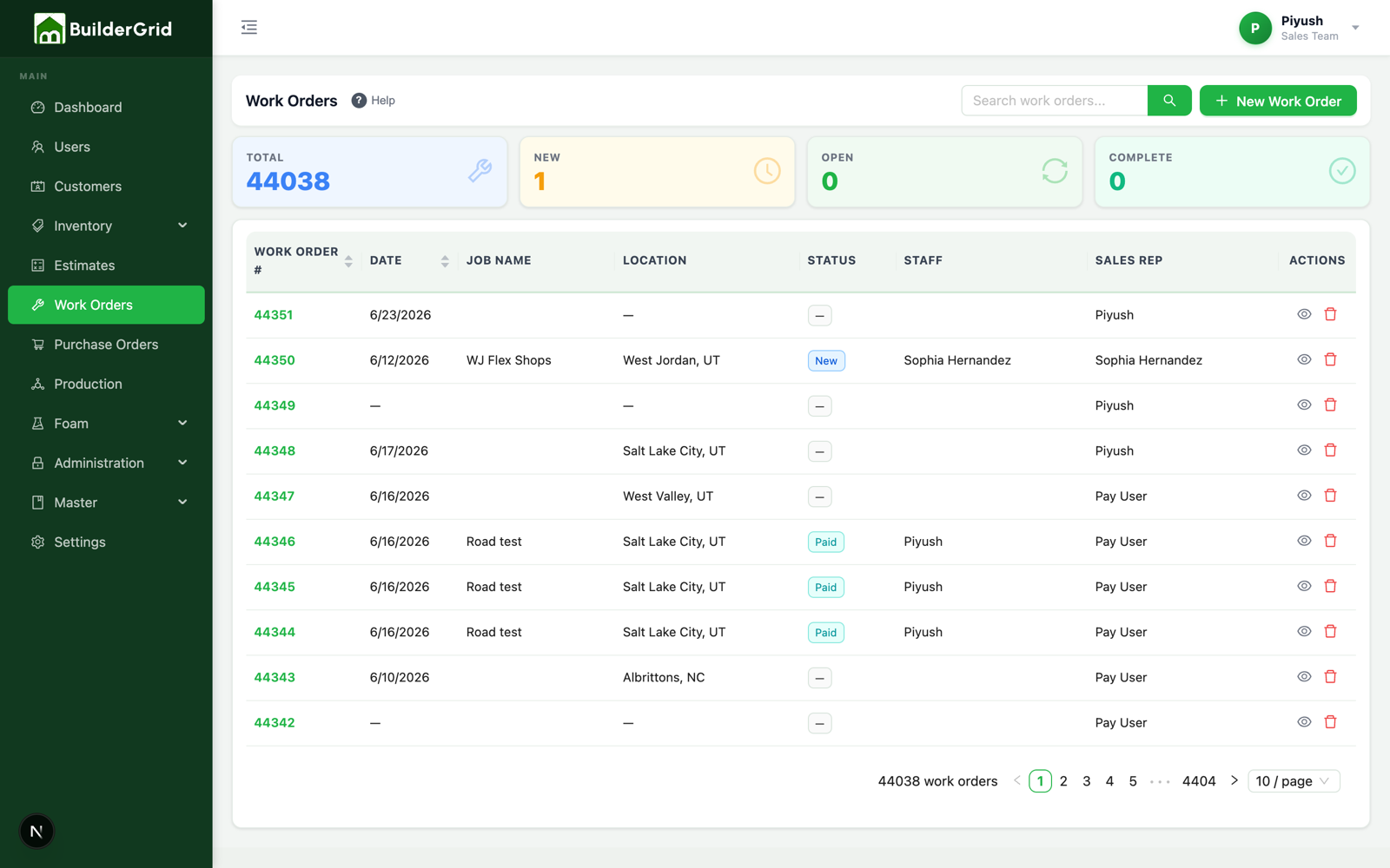 Builder Grid work orders list with status tracking and search